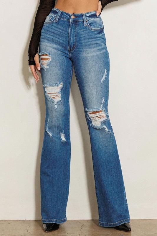 High Rise Distressed Flare Jeans - LQ Boutique
