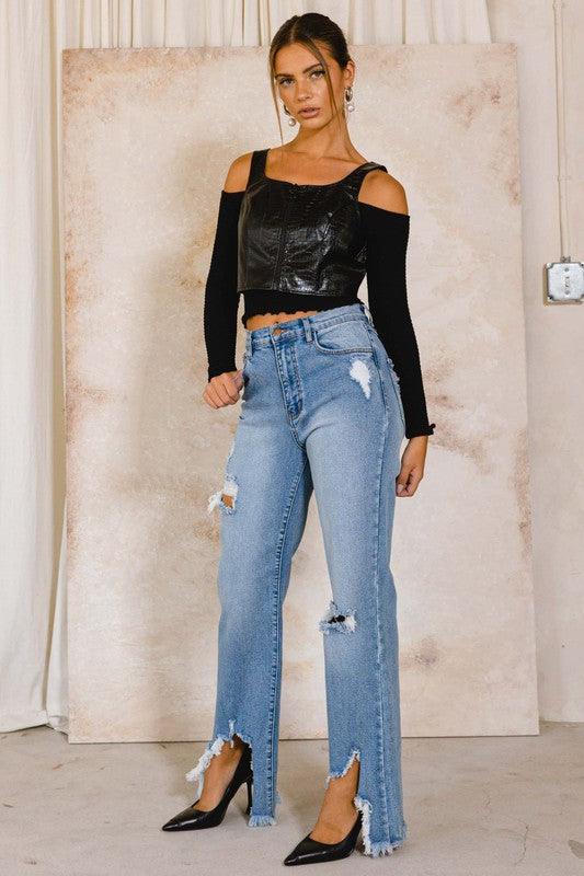 High Rise Distressed Wide Jeans - LQ Boutique
