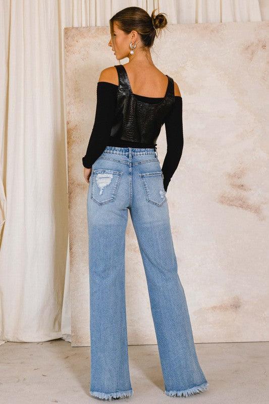 High Rise Distressed Wide Jeans - LQ Boutique